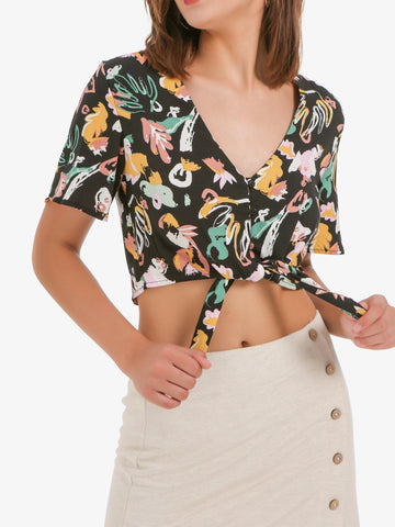 Graffiti Print Tie Front Button Down Cropped Top - Shopmossrose
